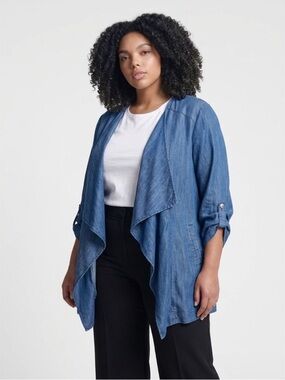 Open-Front Lightweight Chambray Jacket in Blue